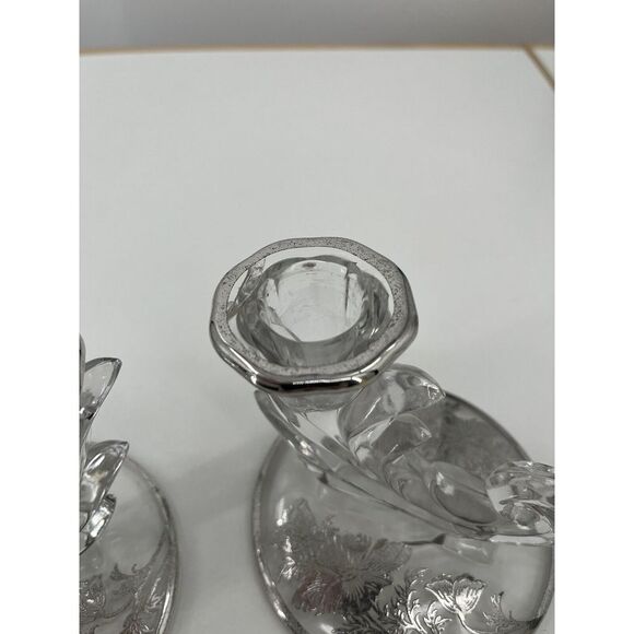 Vintage Set Of 2 Crystal Clear Glass Baroque Candle Holder Single Light Silver‎ - Picture 9 of 11